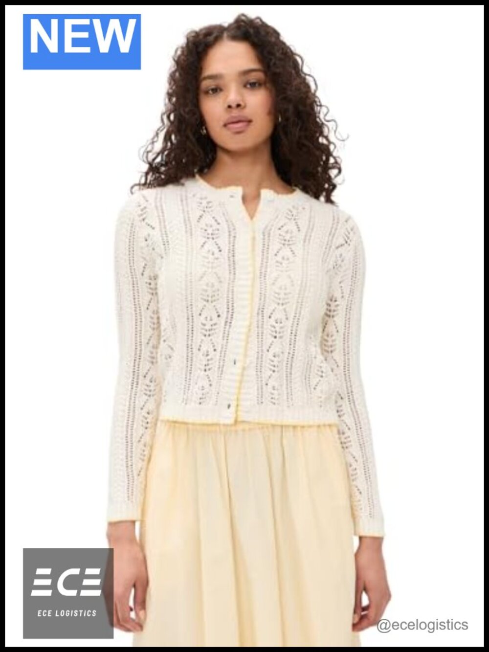 Daisy Cotton Pointelle Cardigan Lightweight Knit Long Sleeve Crew Neck